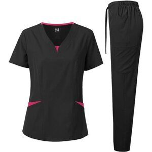 Scrubs for Women Set – 4-Way Stretch Contrast V-NeckTop & Pants Sets - 9 Pockets